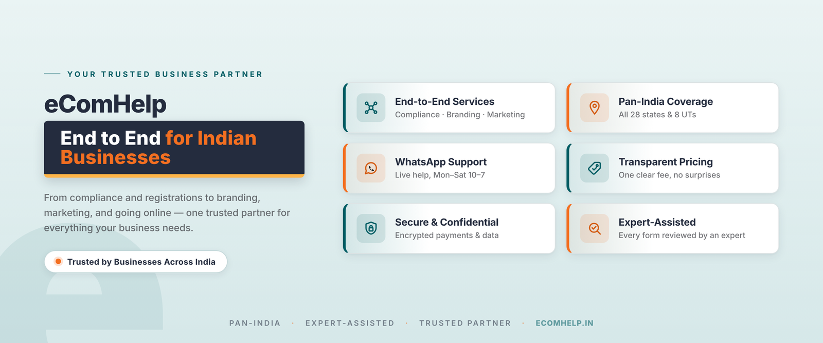 eComHelp — your trusted business partner. End-to-end services for Indian businesses: compliance, branding, marketing, going online.